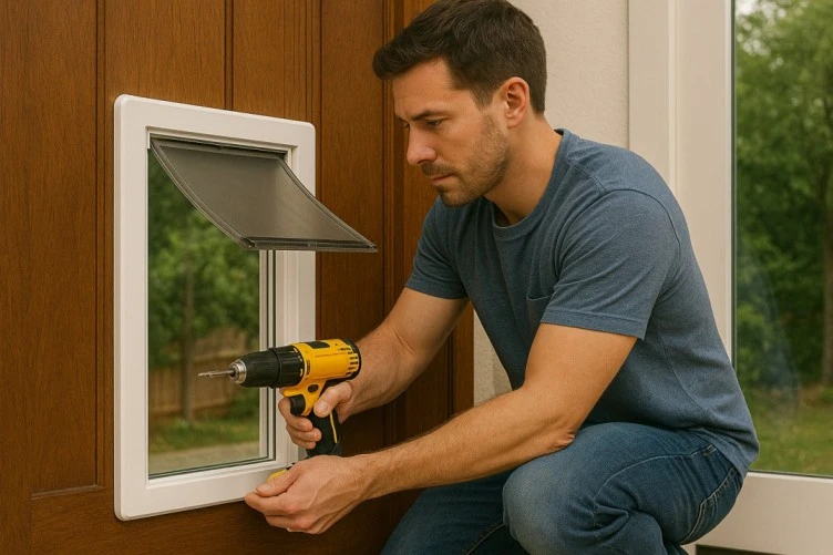 a man Installation dog door