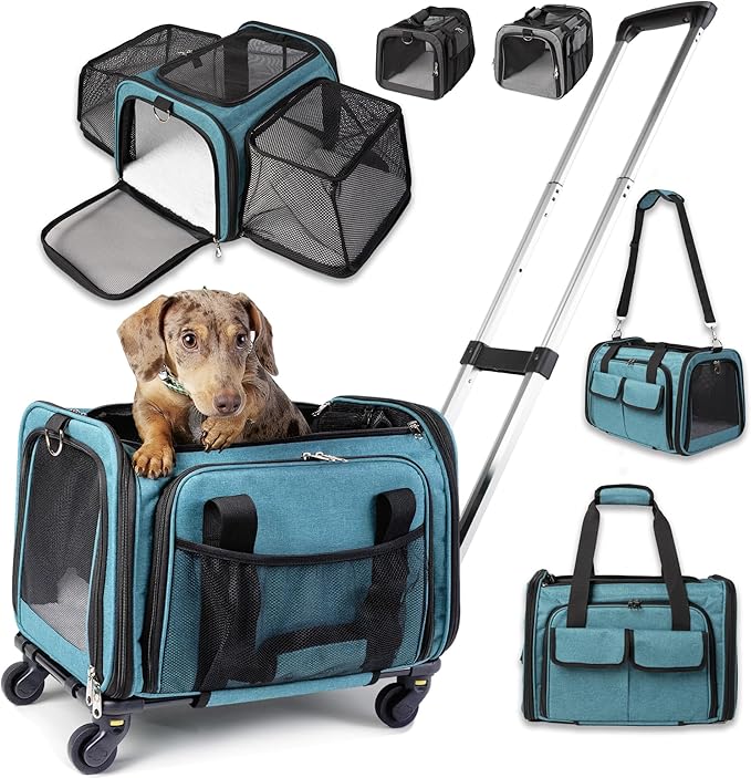 Rolling Pet Carrier for Travel: Picea Expandable TSA-Approved Bag (Blue)
